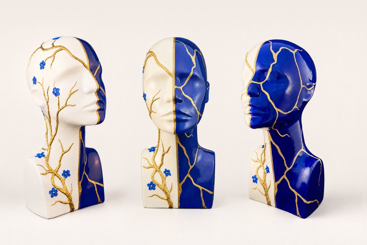 Three sculptural busts in white and cobalt blue, veined with gold and trailed by a gilded flowering branch, made in the studio